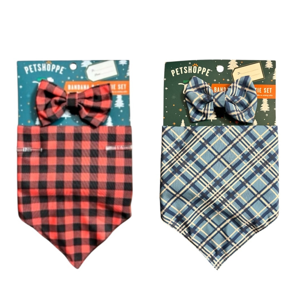 NWT PetShoppe Dog Bandana & Bow Tie Set Red or Blue Plaid Holiday